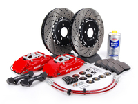 ES#262958 - ECS993500 - Stage 3 Big Brake Kit - Cross-Drilled Slotted 332x32mm Rotors - Red ECS 4-piston calipers, caliper carrier, pads, two-piece rotors, exact-fit stainless steel lines, and hardware - ECS - Volkswagen
